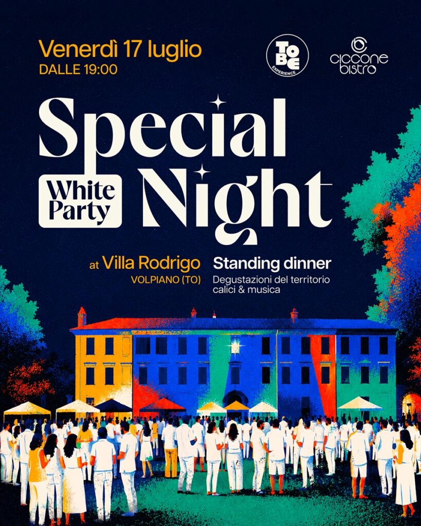 Special Night at Villa Rodrigo (Volpiano TO). Invito per l'evento white party che si terrà venerdì 17 luglio 2026